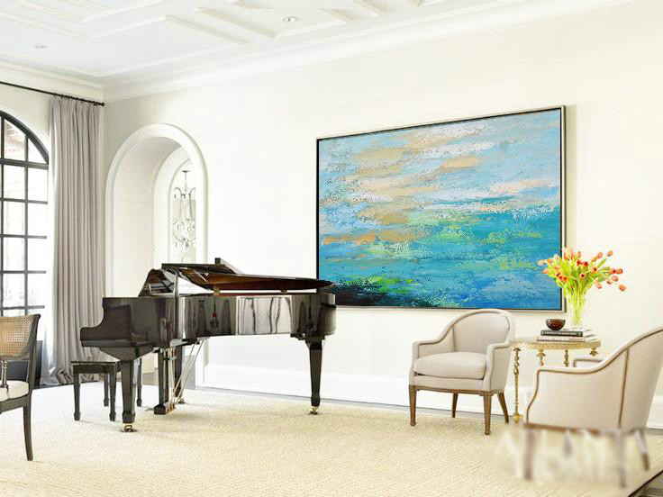 Large Abstract Art Handmade Painting,Horizontal Palette Knife Contemporary Art,Large Wall Art Home Decor,Blue,Yellow,Black,Green.etc